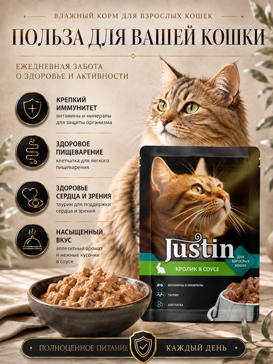 Justin mushuklar uchun nam yem, quyon go‘shti sousda 75 gr 5 dona