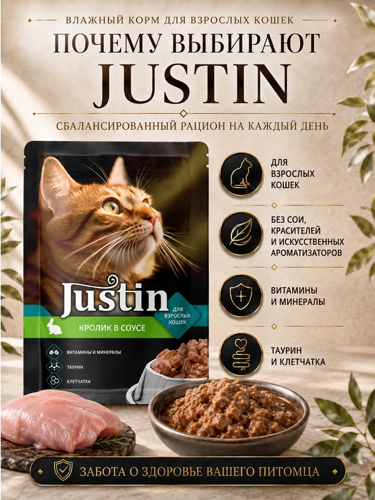 Justin mushuklar uchun nam yem, quyon go‘shti sousda 75 gr 5 dona