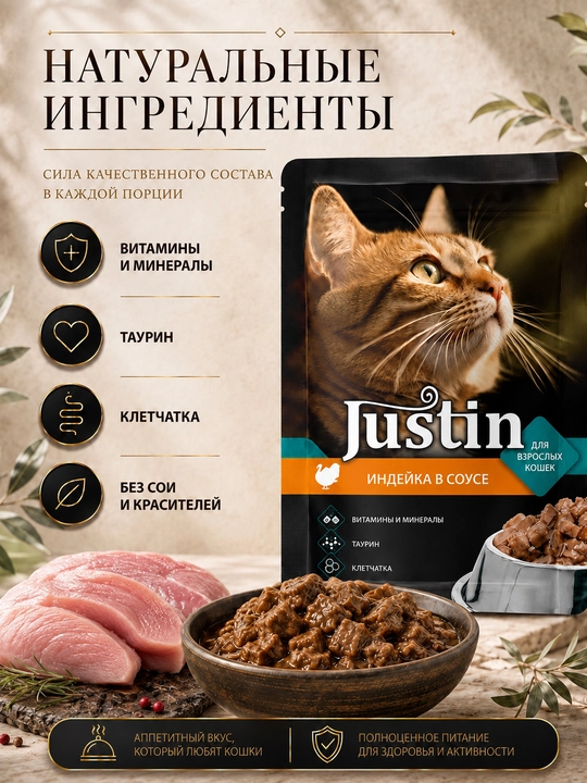 Justin mushuklar nam ovqati, sousli kurka, 75 gr 5 dona