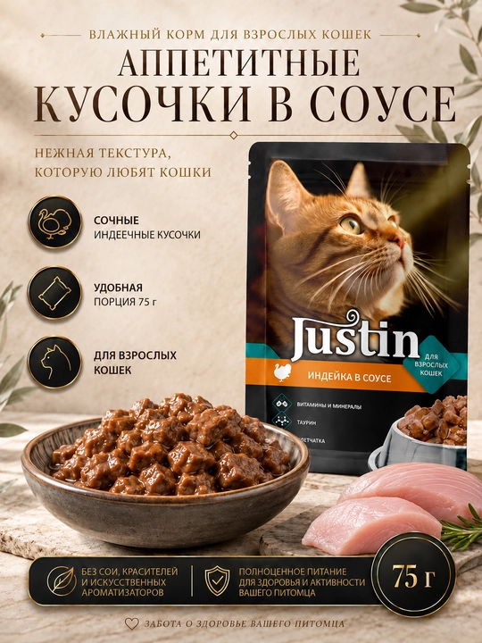 Justin mushuklar nam ovqati, sousli kurka, 75 gr 5 dona
