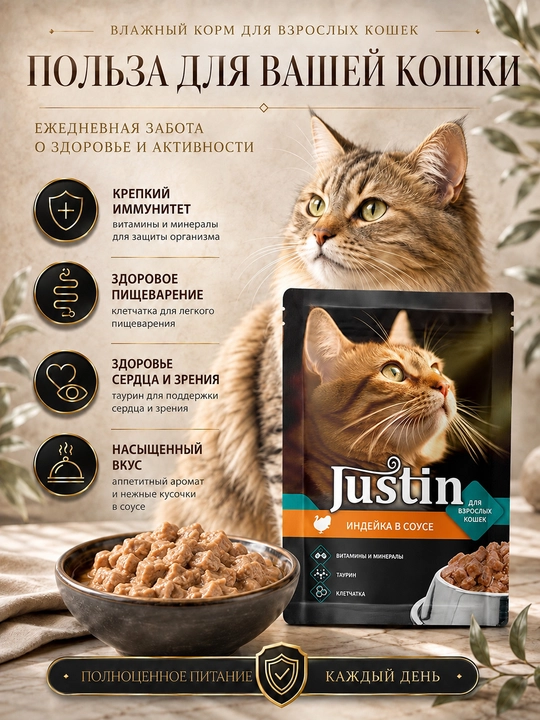 Justin mushuklar nam ovqati, sousli kurka, 75 gr 5 dona