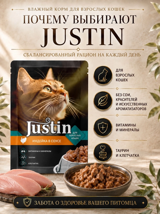 Justin mushuklar nam ovqati, sousli kurka, 75 gr 5 dona