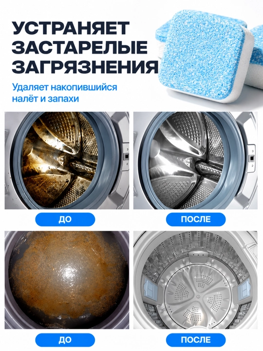 Шипучие таблетки для стиральной машины — удаление накипи, грязи и запаха, 12–36 шт