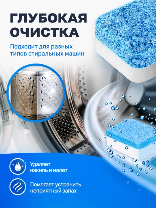 Шипучие таблетки для стиральной машины — удаление накипи, грязи и запаха, 12–36 шт