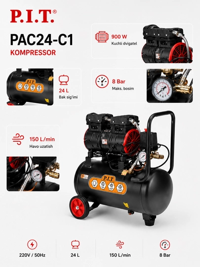 Компрессор P.I.T. PAC24-C1 24 л, 900 Вт, 8 Бар, 150 л/мин