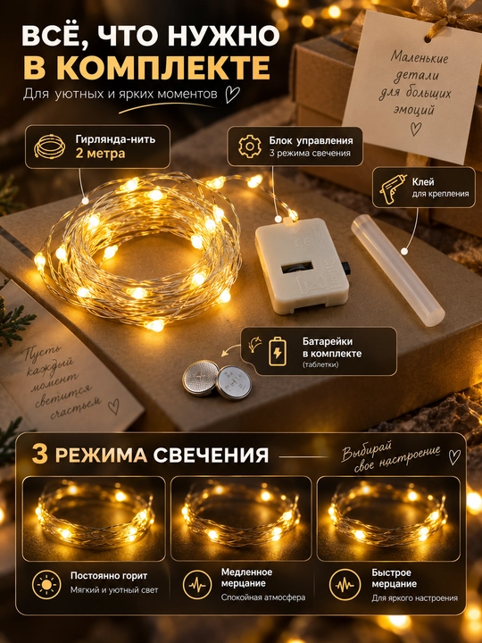 2 m “Rosa” girlyandasi, iliq yorug‘lik, 3 rejim, batareyali, sovg‘a va dekor uchun