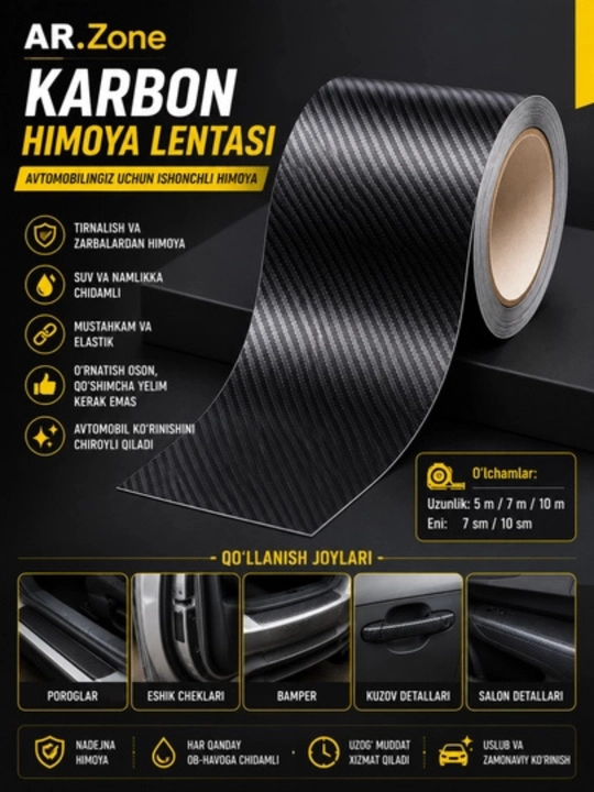 Karbon lenta 5D 3D, o‘z-o‘zidan yopishuvchi lenta, avtomobil tuning, himoya dekor lenta