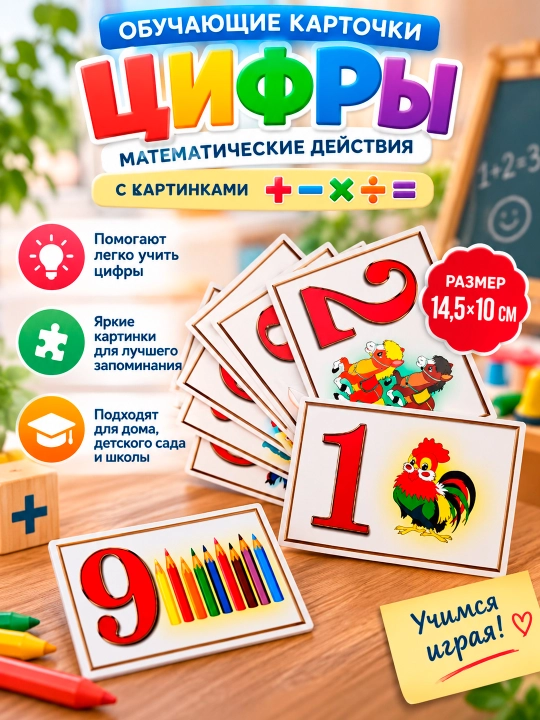 Обучающие карточки Цифры математические действия 14,5×10см С картинками+,−,×,÷,= - 