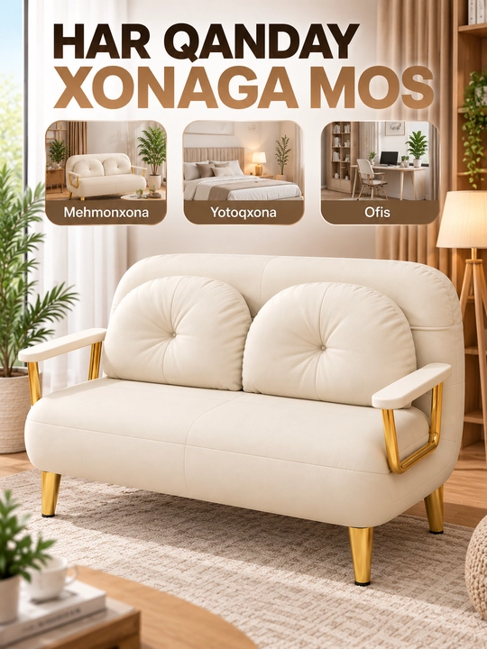 Divan 2 kishilik, yumshoq o‘rindiqli, metall oyoqli, uy va ofis uchun