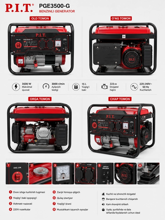 Бензиновый генератор P.I.T. PGE3500-G 3500 Вт, 15 л, 223 см³, 220 В