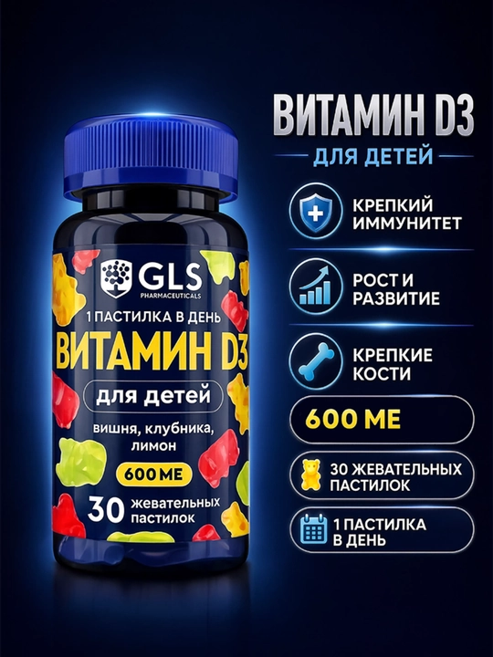 GLS Витамин D3 600 МЕ для детей, жевательные пастилки, вишня, клубника, лимон, 30 шт - 