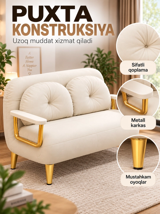 Divan 2 kishilik, yumshoq o‘rindiqli, metall oyoqli, uy va ofis uchun