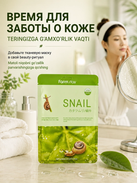 Тканевая маска для лица Farmstay Snail с муцином улитки, увлажняющая, 23 мл