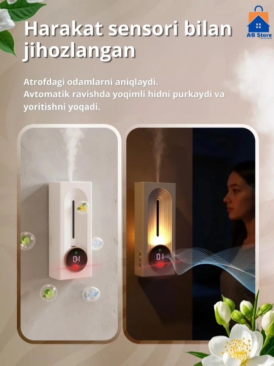 Uy uchun avtomatik havo tozalagich, uy uchun xushbo‘ylantirgich, harakat sensori bilan