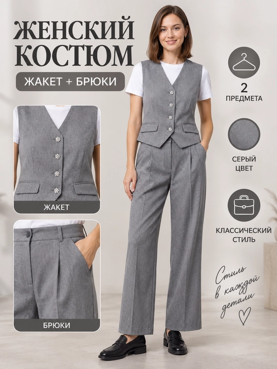 Женский костюм: жакет и брюки серого цвета, классический комплект для офиса и повседневных - 