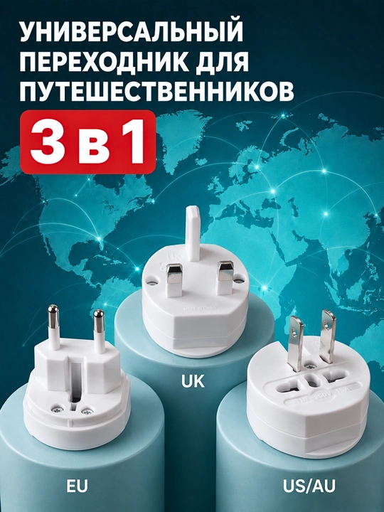 Универсальный дорожный переходник KOUVOLSEN KOS-10009, EU/UK/US/AU, 10 А, 110–250 В - 