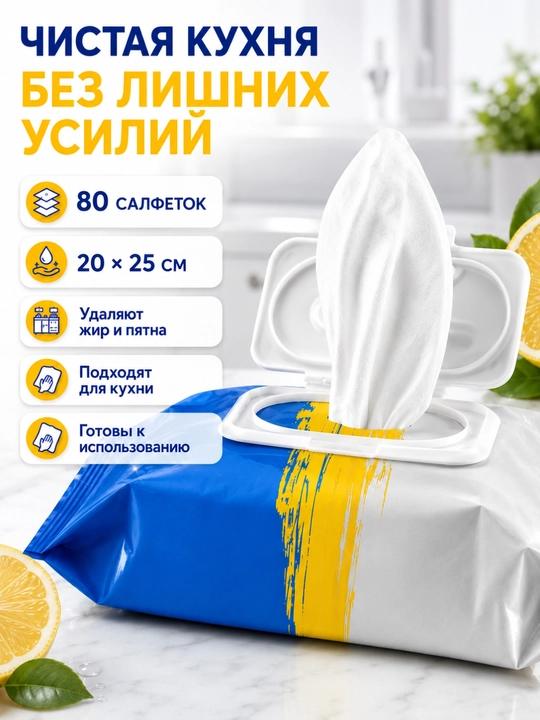 Влажные салфетки для уборки и кухни, 80 шт, XXL, с ароматом лимона