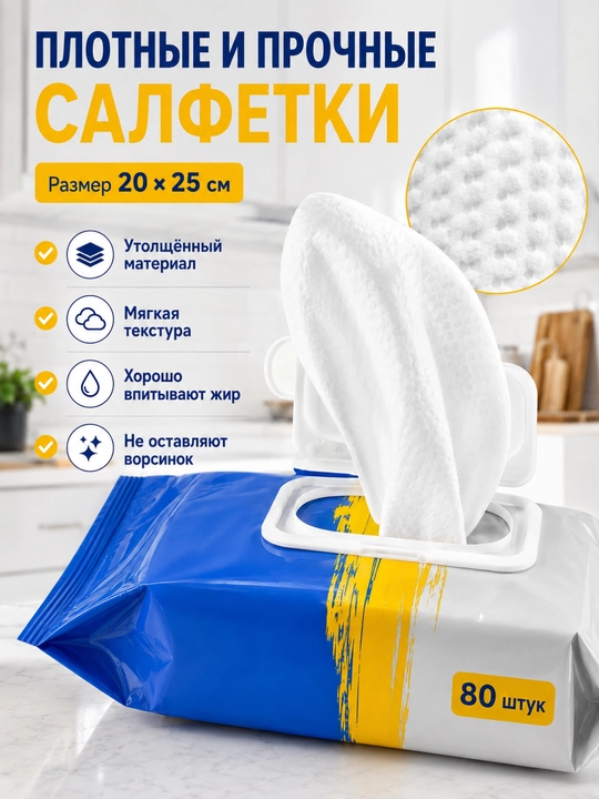 Влажные салфетки для уборки и кухни, 80 шт, XXL, с ароматом лимона