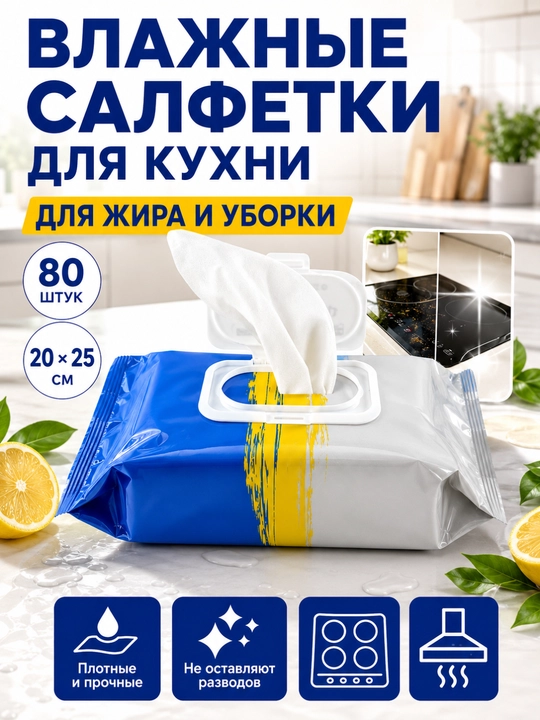 Влажные салфетки для уборки и кухни, 80 шт, XXL, с ароматом лимона - 