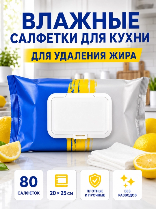 Влажные салфетки для уборки и кухни, 80 шт, XXL, с ароматом лимона