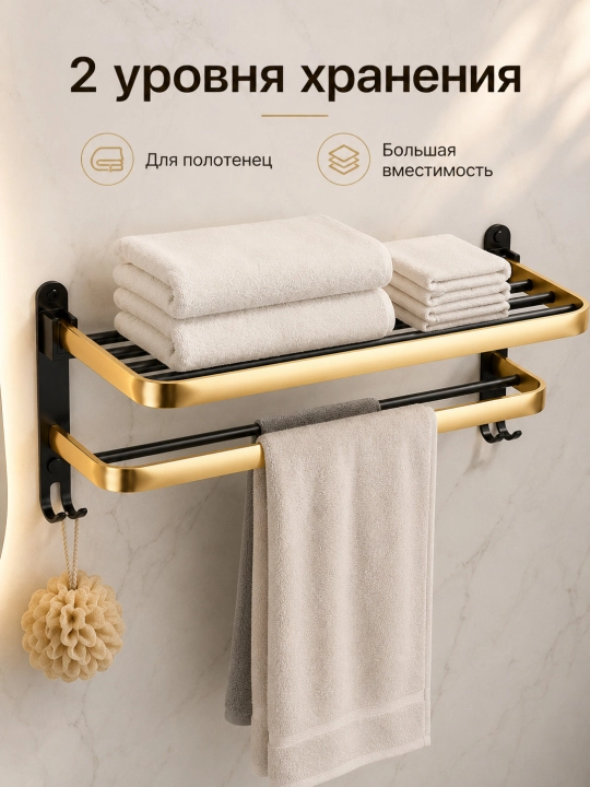 Полка для полотенец в ванную 60 см складная алюминиевая с крючками без сверления