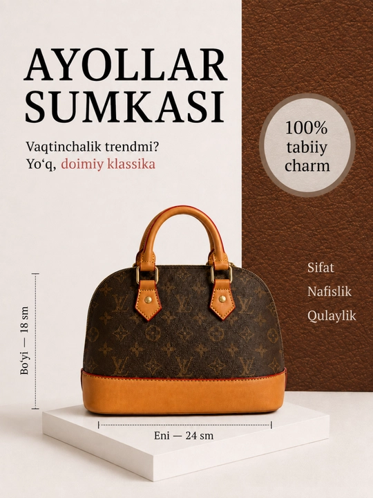 Tabiiy charmdan ayollar sumkasi, naqshli, ikki tutqichli, - 