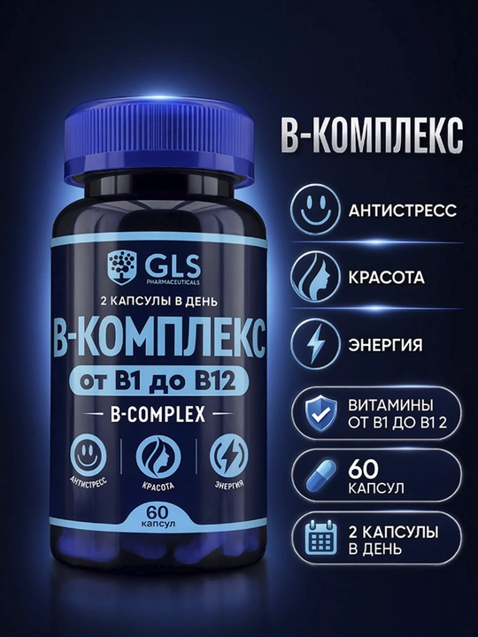 GLS B-комплекс 430 мг, витамины группы B B1–B12, комплекс витаминов B, 60 капсул - 