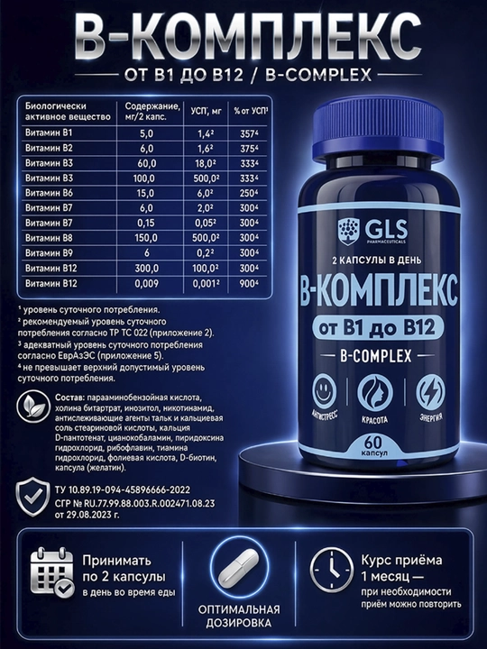 GLS B-комплекс 430 мг, витамины группы B B1–B12, комплекс витаминов B, 60 капсул