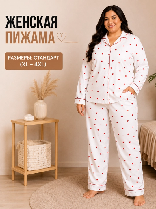 Женская пижама комплект 2 в 1, рубашка и брюки, стандарт XL, 2XL, 3XL - 