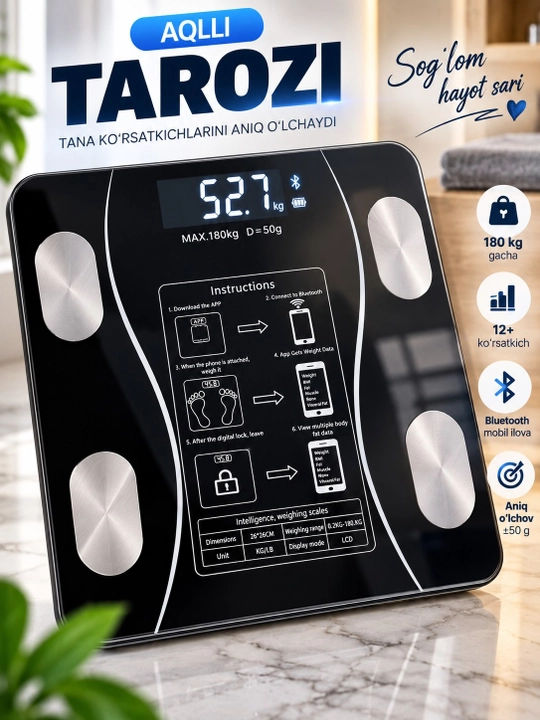 Весы напольные умные электронные фитнес Bluetooth, до 180 кг, LCD - 