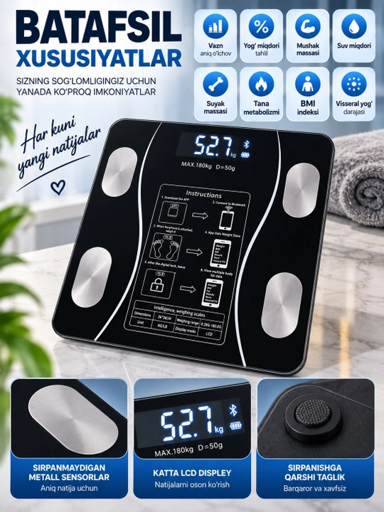 Весы напольные умные электронные фитнес Bluetooth, до 180 кг, LCD