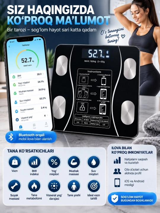 Весы напольные умные электронные фитнес Bluetooth, до 180 кг, LCD
