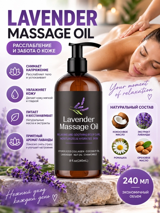 Massaj moyi - 100 ml, 240 ml, sellyulitga qarshi, Lavanda, Jojoba, tana va yuz uchun