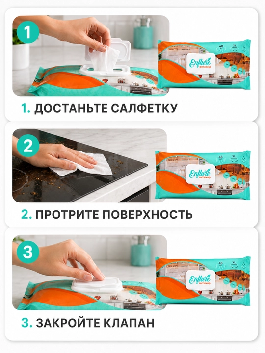 Антижир салфетки для уборки кухни ENFLURE XL 20×30 см, 48 шт