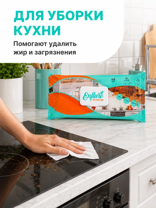 Антижир салфетки для уборки кухни ENFLURE XL 20×30 см, 48 шт