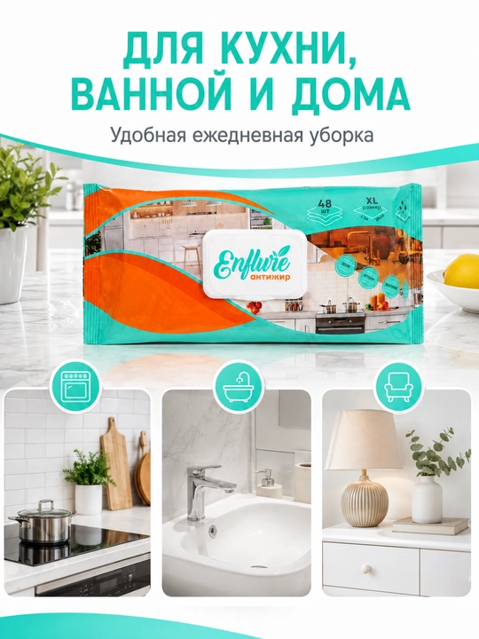Антижир салфетки для уборки кухни ENFLURE XL 20×30 см, 48 шт