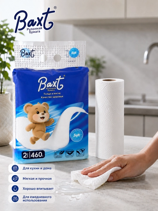 Baxt rulonli qog‘oz sochiqlar, oshxona salfetkalari, 3 qavatli, 2 rulonli, 460 g