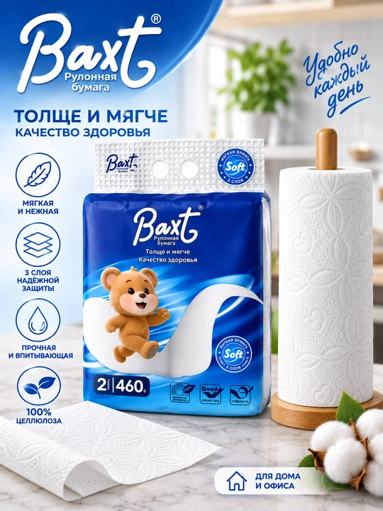 Baxt rulonli qog‘oz sochiqlar, oshxona salfetkalari, 3 qavatli, 2 rulonli, 460 g - 