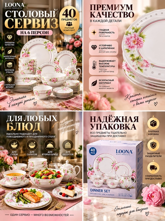 Набор посуды, 40 предметов, сервиз на 6 персон, с чайником