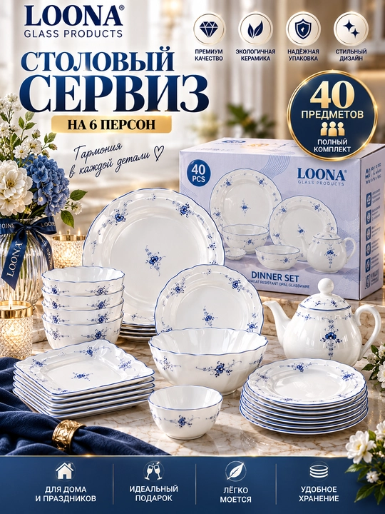 Набор посуды, 40 предметов, сервиз на 6 персон, с чайником