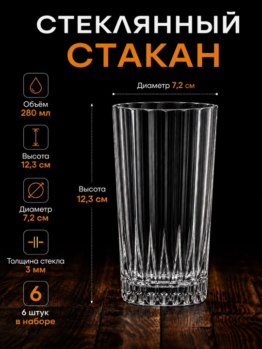 Suv, sharbat va ichimliklar uchun 280 ml hajmli naqshli shisha stakanlar, oshxona uchun 6 ta to‘plam
