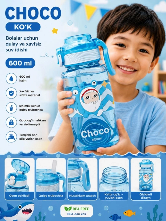 Naychasi va tasmasi bo‘lgan bolalar sport suv idishi 600 ml - 