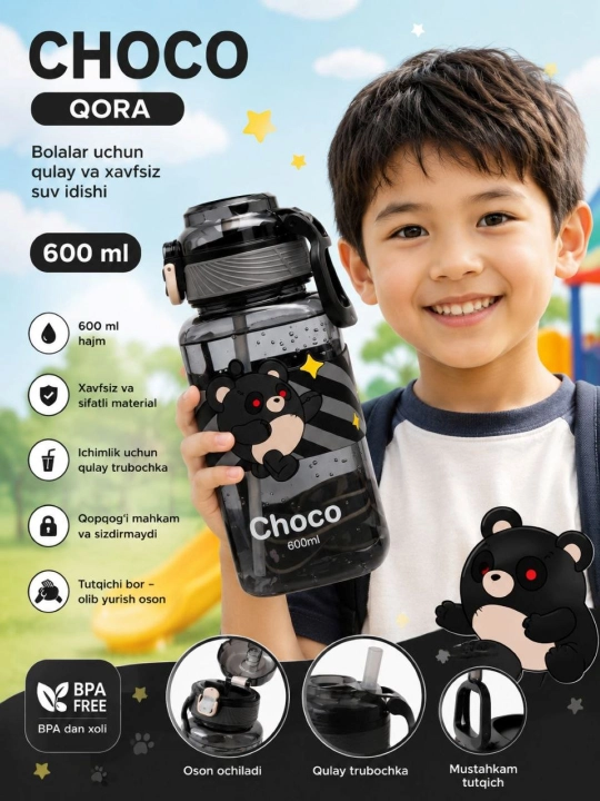 Naychasi va tasmasi bo‘lgan bolalar sport suv idishi 600 ml - 