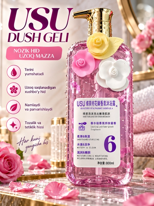 USU atirgul hidli dush geli 800 ml — yoqimli hid va yumshoq kundalik parvarish - 