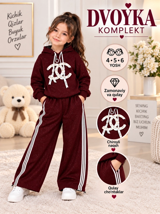 Костюм двойка для девочки, худи и широкие брюки, спортивка, 4-6 лет