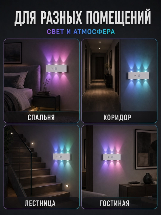 RGB sensorli devor chirog‘i, harakat datchigi, pult, Type-C, 16 rang
