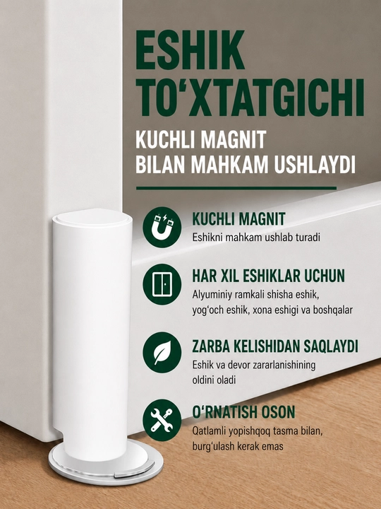 Magnitli yashirin eshik stopori, teshiksiz o‘rnatiladigan eshik fiksatori