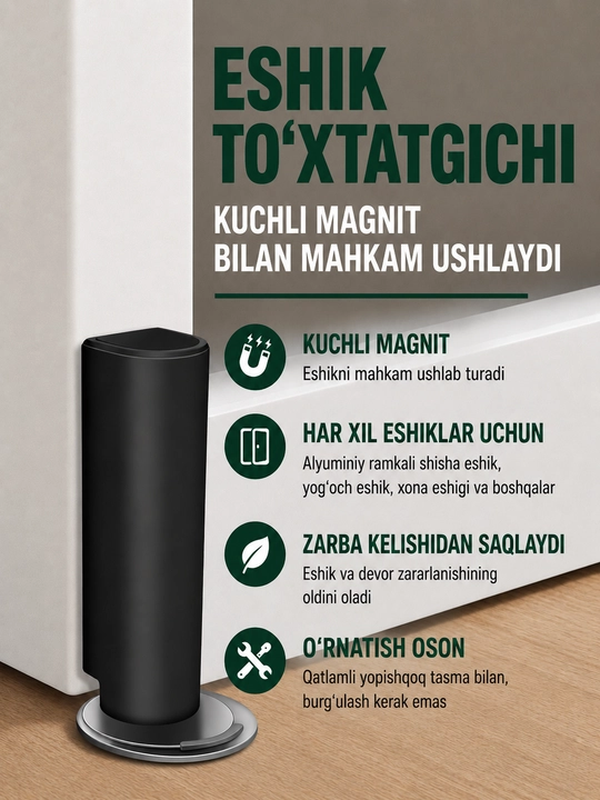 Magnitli yashirin eshik stopori, teshiksiz o‘rnatiladigan eshik fiksatori