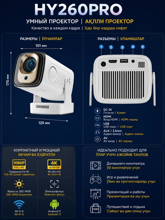 Смарт мини-проектор HY320, для домашнего кинотеатра, Android 11, 1920 * 1080 Full HD Wi-Fi