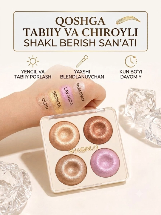 Yuz uchun xaylayter, makyaj uchun yorqin ranglar - 